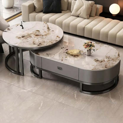 Oval Stone-Top Steel Nesting Coffee Tables — Grey/ Black / Black/ White