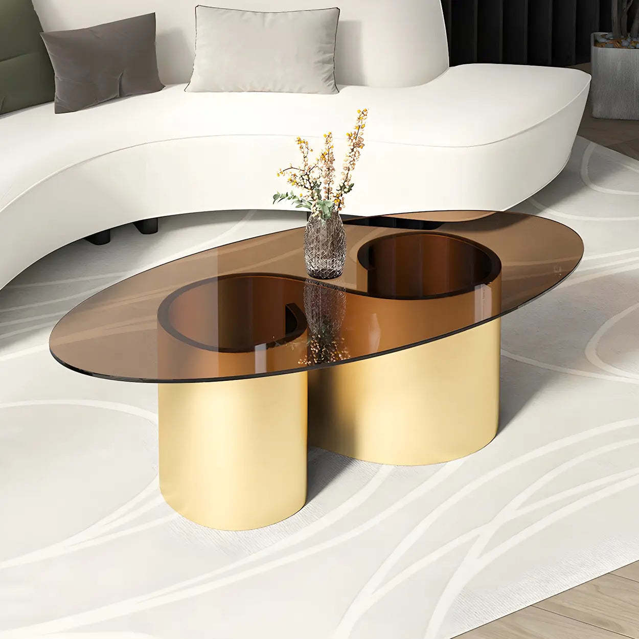 Oval Coffee Table with Abstract Metal Base — Black / Brown