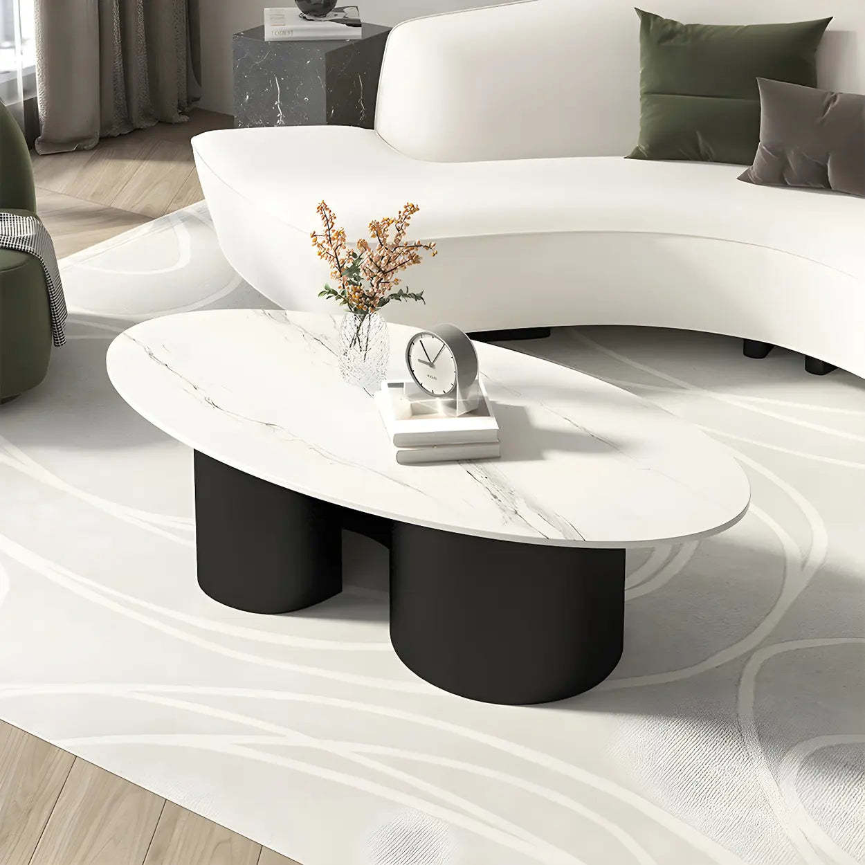 Oval Coffee Table with Abstract Metal Base — Black / Brown