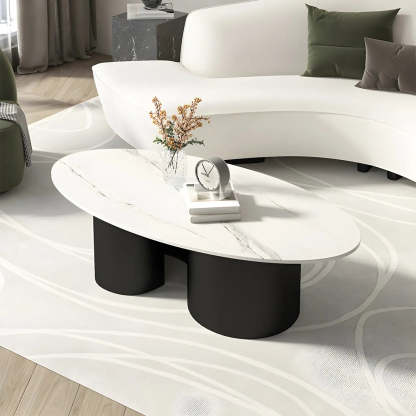 Oval Coffee Table with Abstract Metal Base — Black / Brown