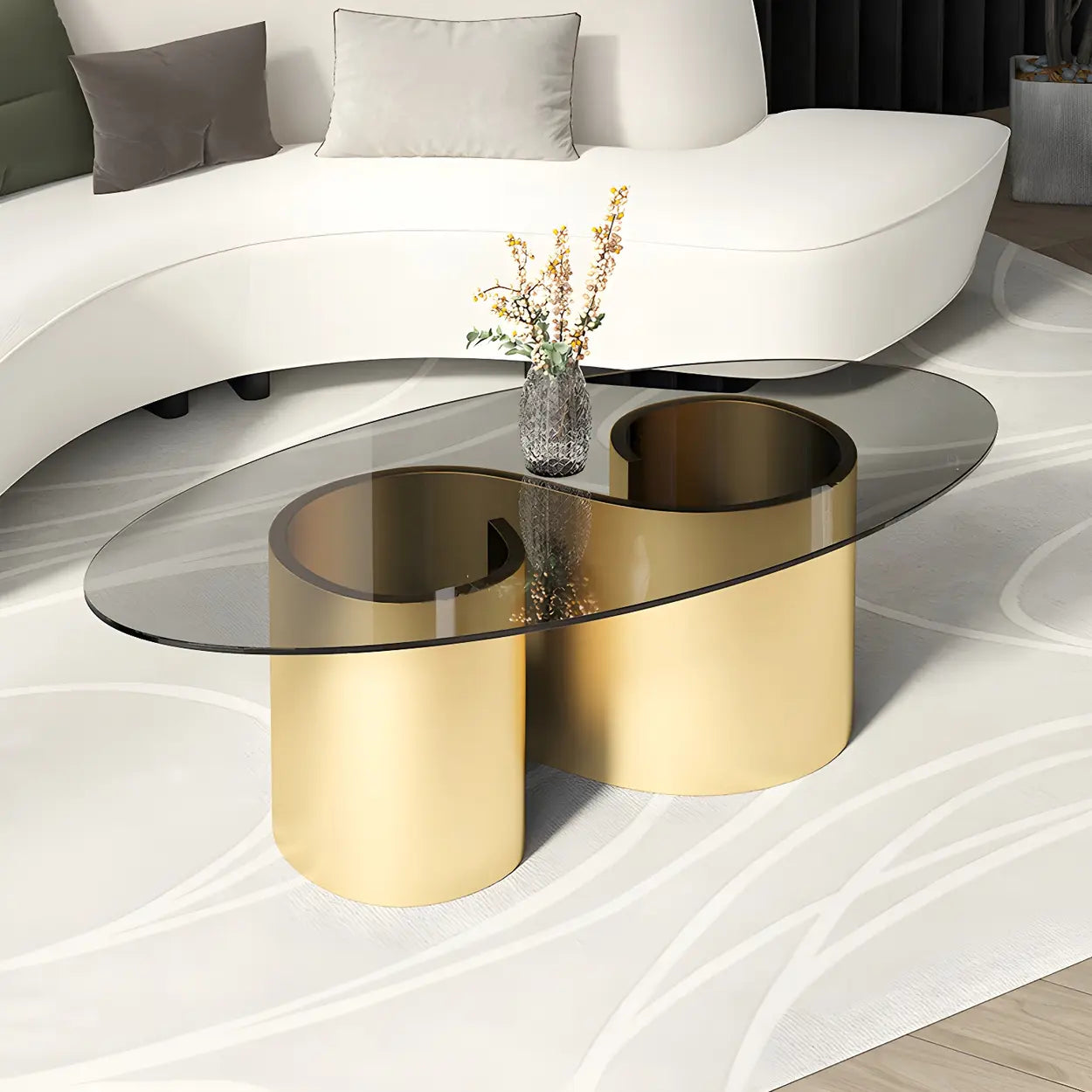Oval Coffee Table with Abstract Metal Base — Black / White