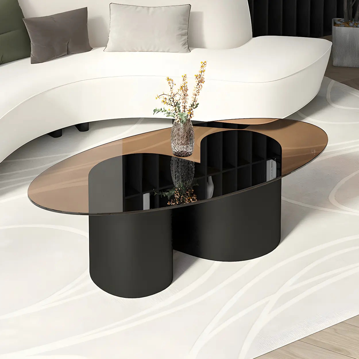Oval Coffee Table with Abstract Metal Base — Gold / Gray
