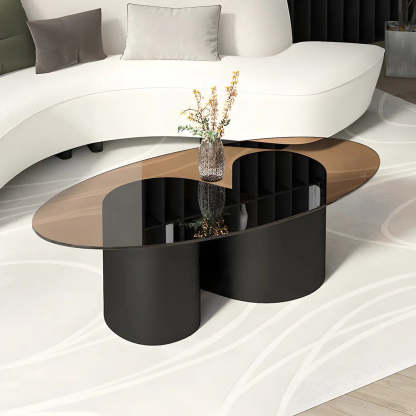 Oval Coffee Table with Abstract Metal Base — Gold / Gray