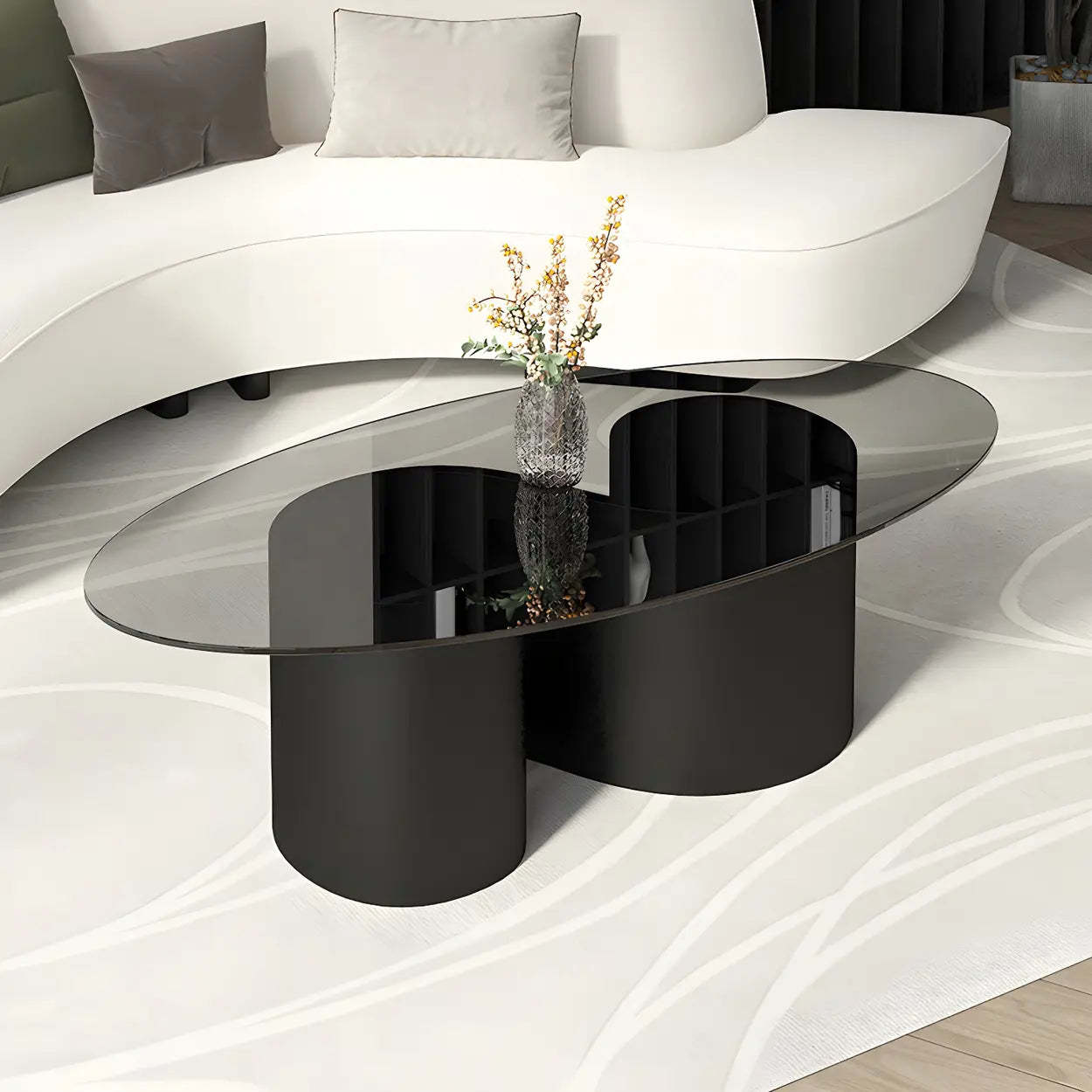 Oval Coffee Table with Abstract Metal Base — Gold / Brown