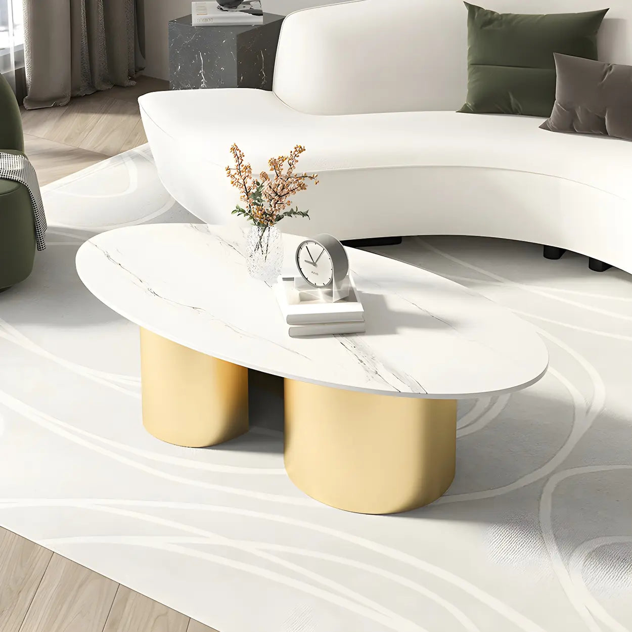 Oval Coffee Table with Abstract Metal Base
