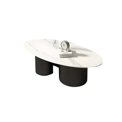 Oval Coffee Table with Abstract Metal Base — Black / Gray