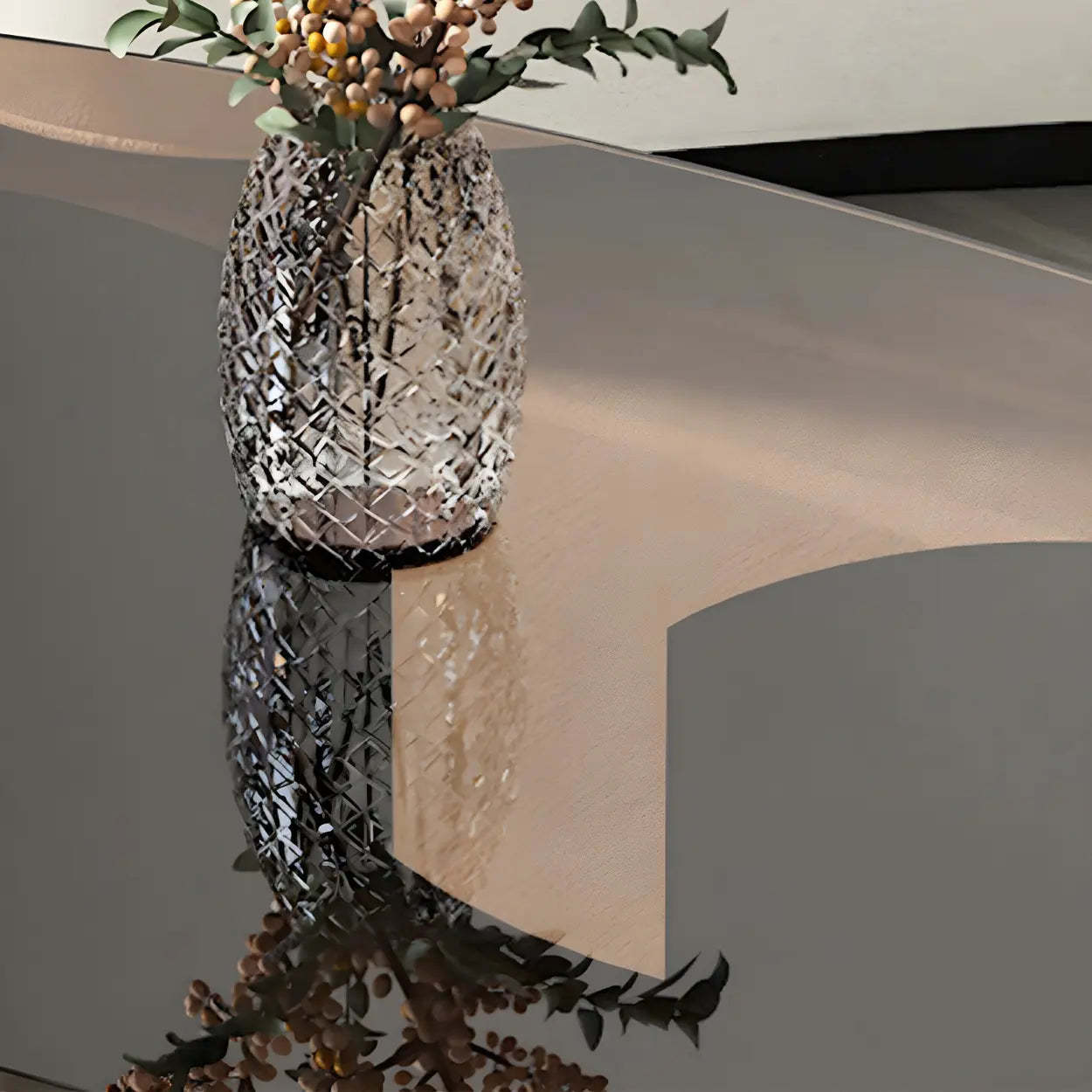 Oval Coffee Table with Abstract Metal Base — Gold / Gray