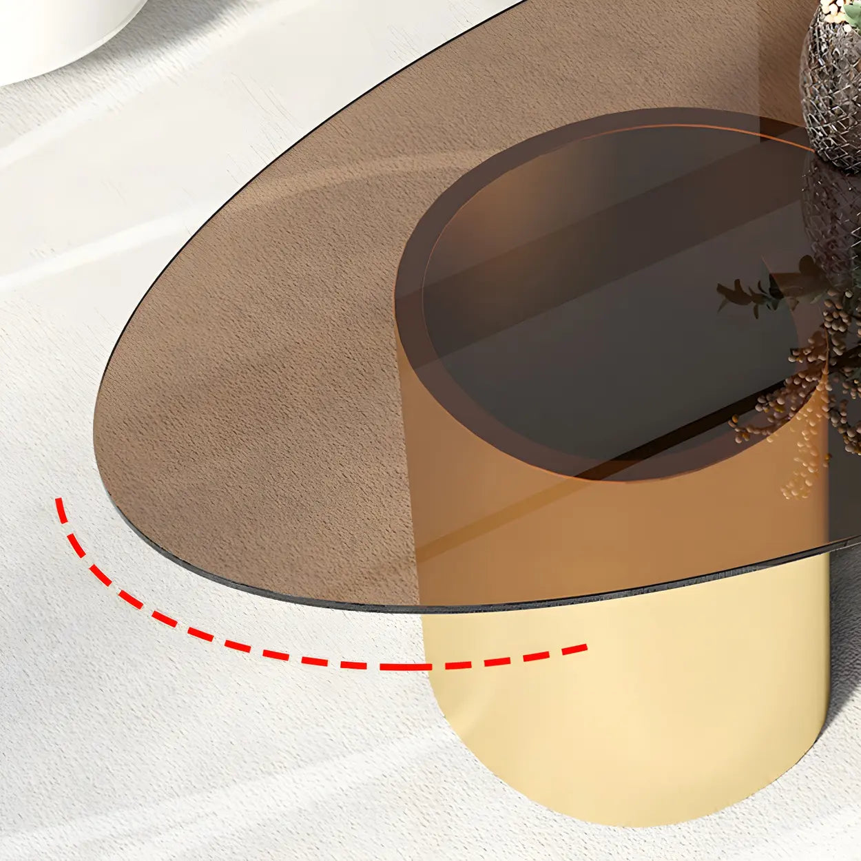 Oval Coffee Table with Abstract Metal Base — Gold / Brown