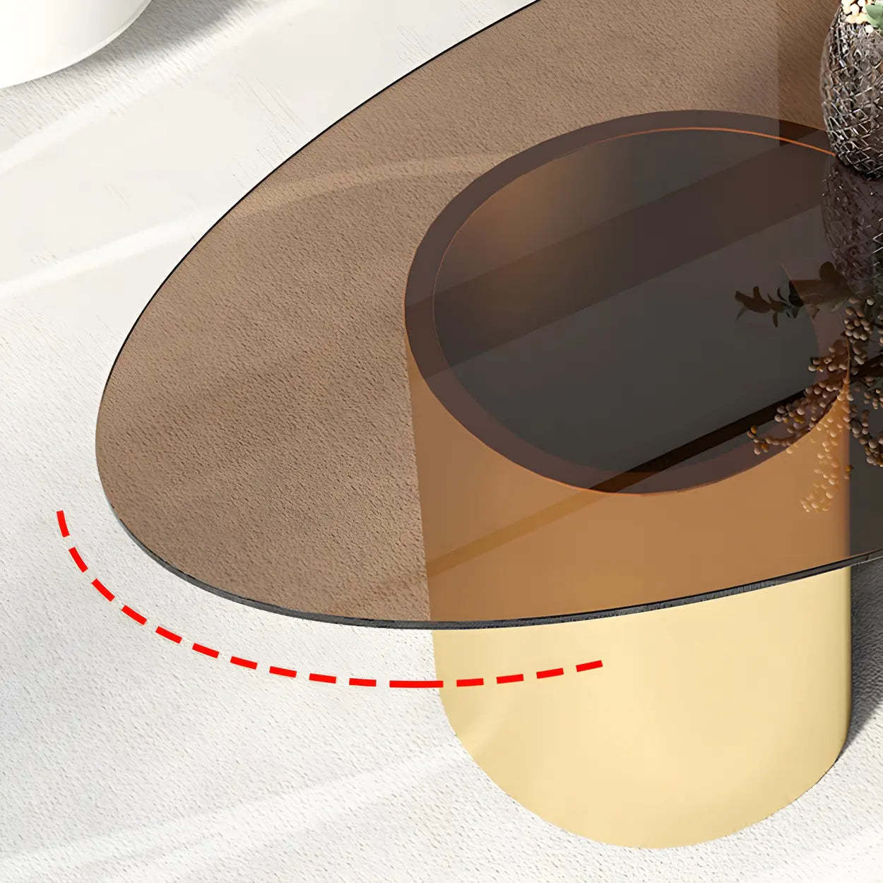 Oval Coffee Table with Abstract Metal Base — Gold / Brown