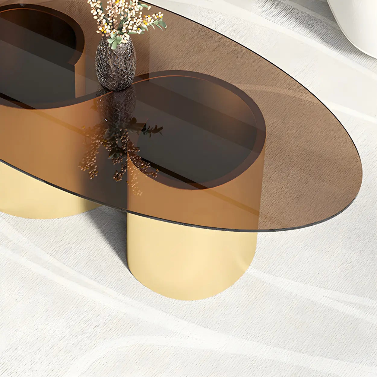 Oval Coffee Table with Abstract Metal Base — Gold / White