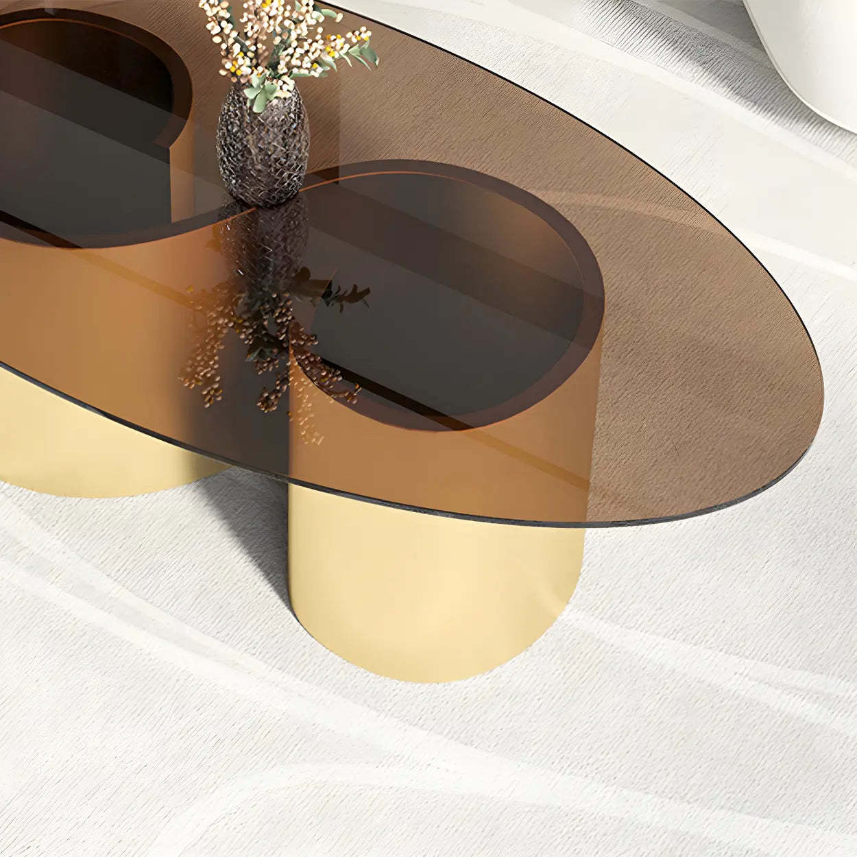 Oval Coffee Table with Abstract Metal Base — Gold / White
