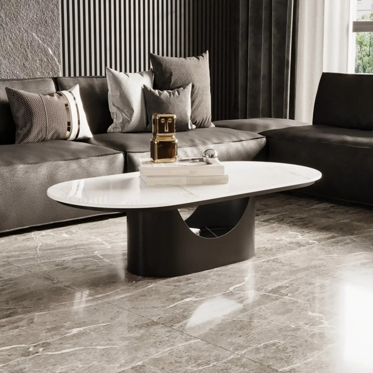 Oval White Stone Black Steel-Base Coffee Table