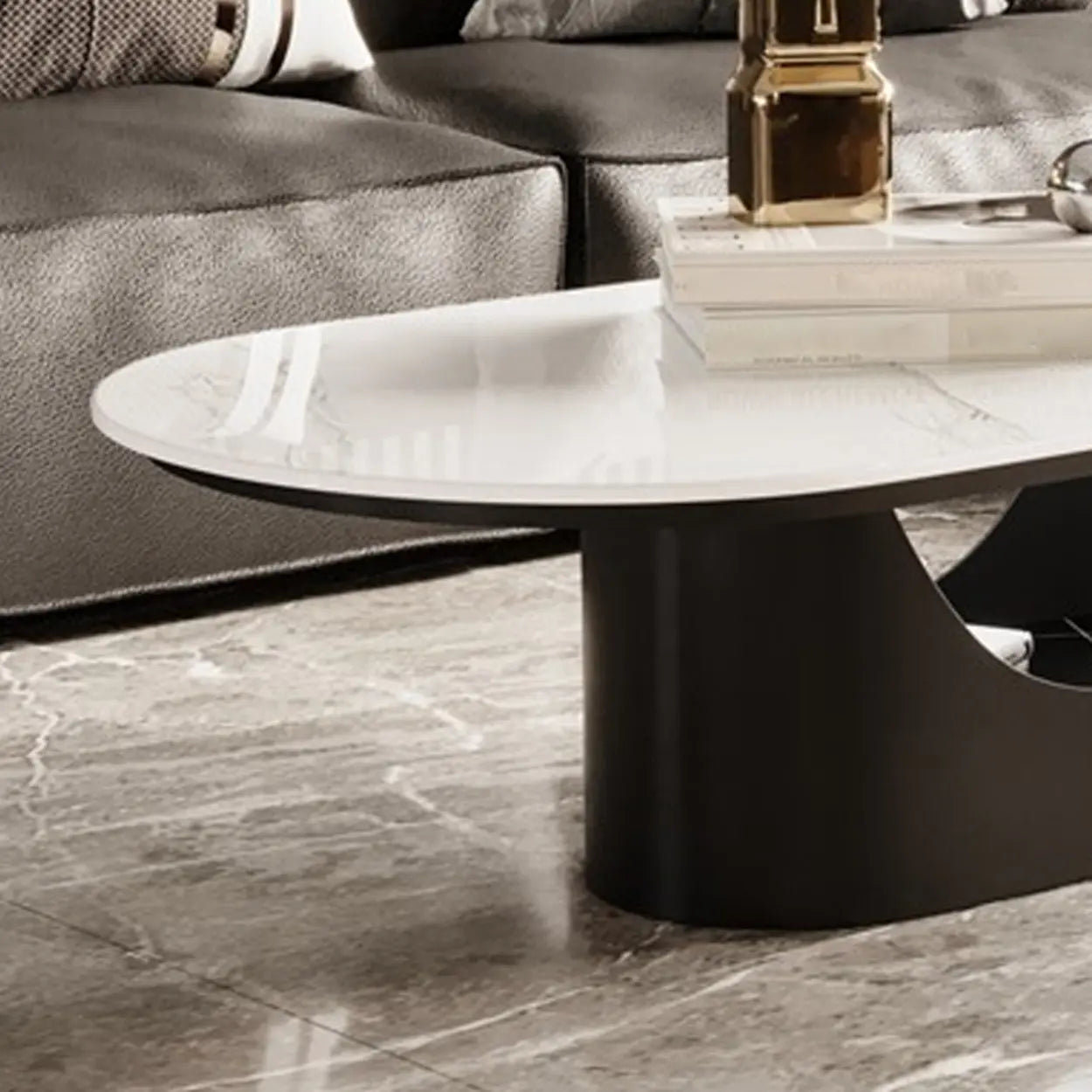 Oval White Stone Black Steel-Base Coffee Table