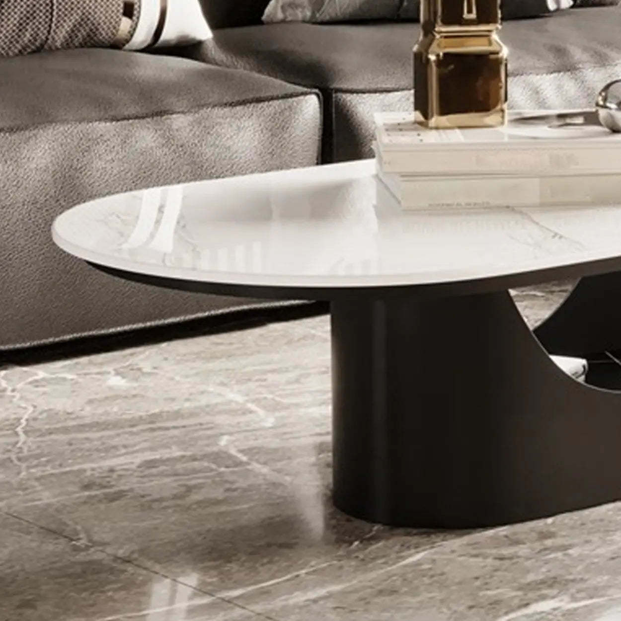 Oval White Stone Black Steel-Base Coffee Table