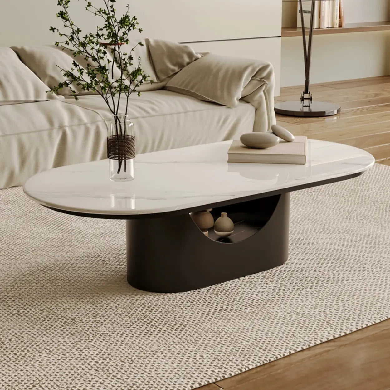 White modern steel-base oval coffee tables — 47" L x 24" W x 16" H