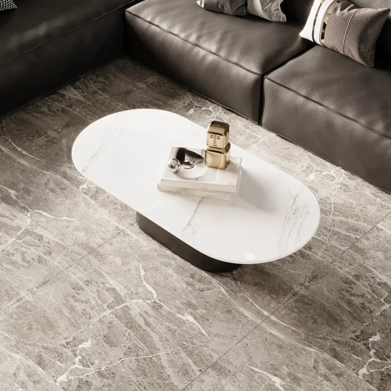 Oval White Stone Black Steel-Base Coffee Table