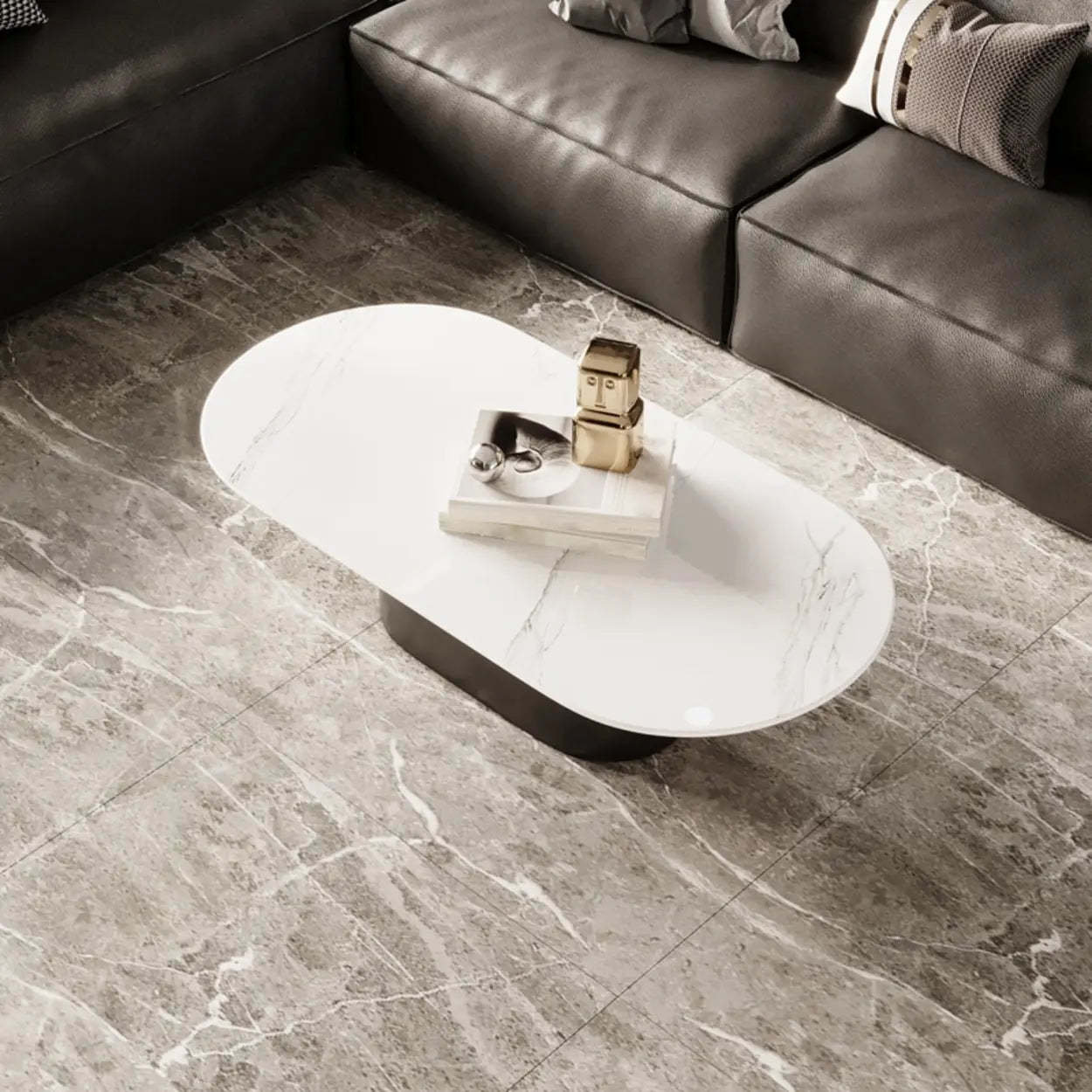 Oval White Stone Black Steel-Base Coffee Table