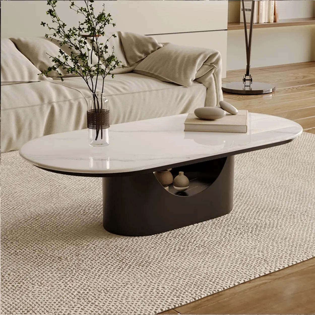 Oval White Stone Black Steel-Base Coffee Table