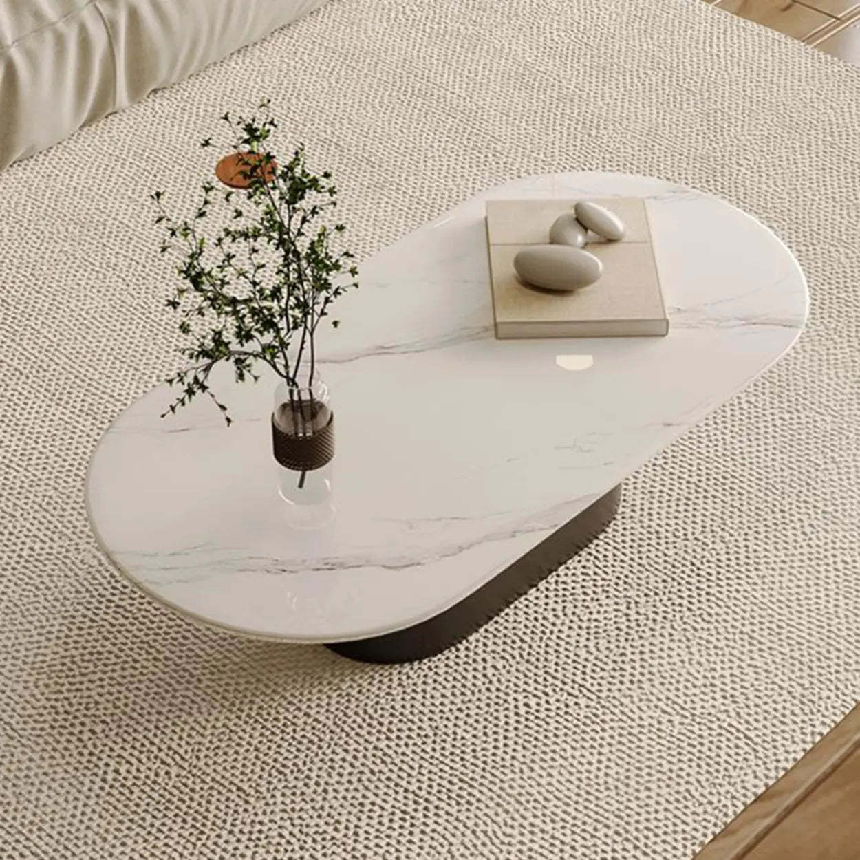 Oval White Stone Black Steel-Base Coffee Table
