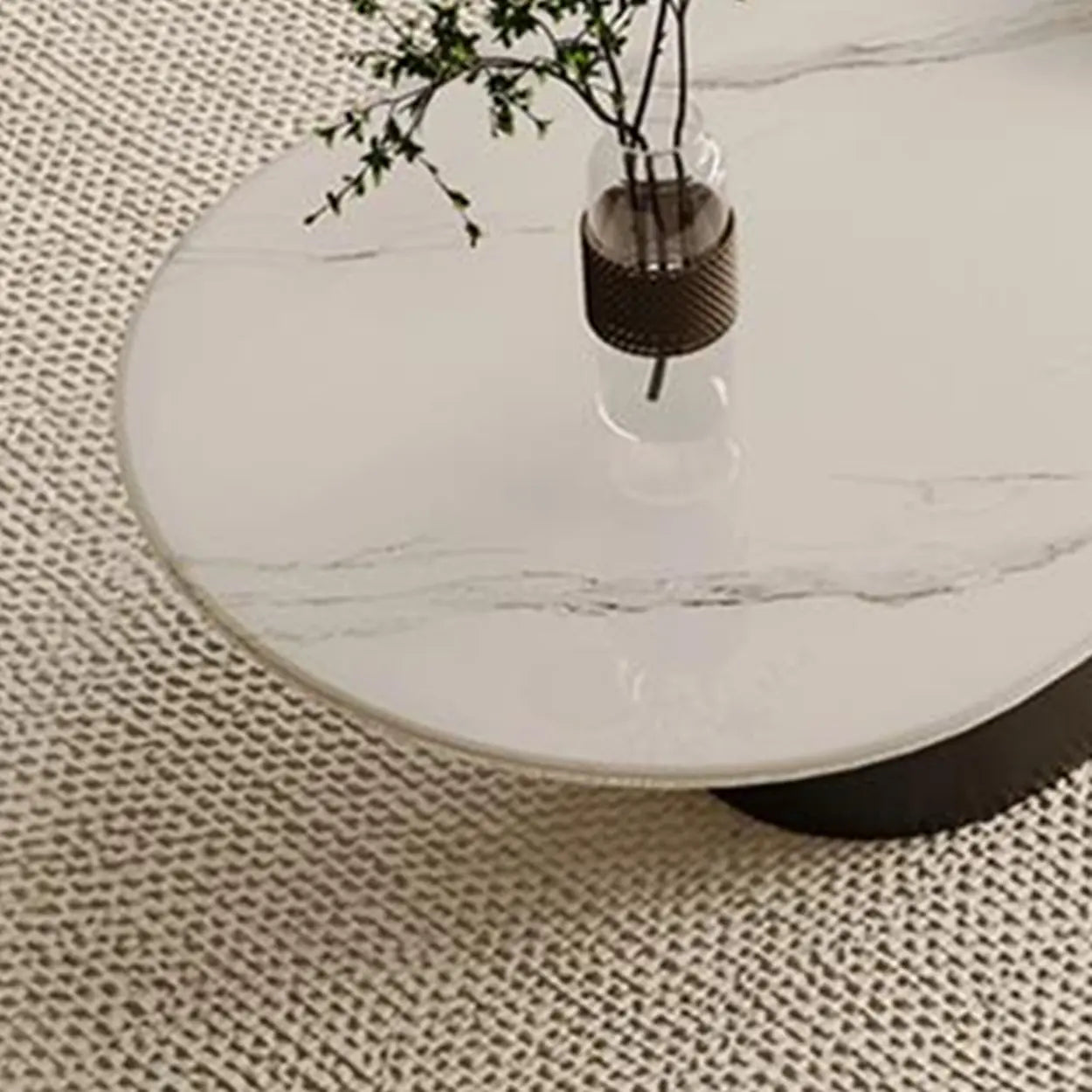 Oval White Stone Black Steel-Base Coffee Table