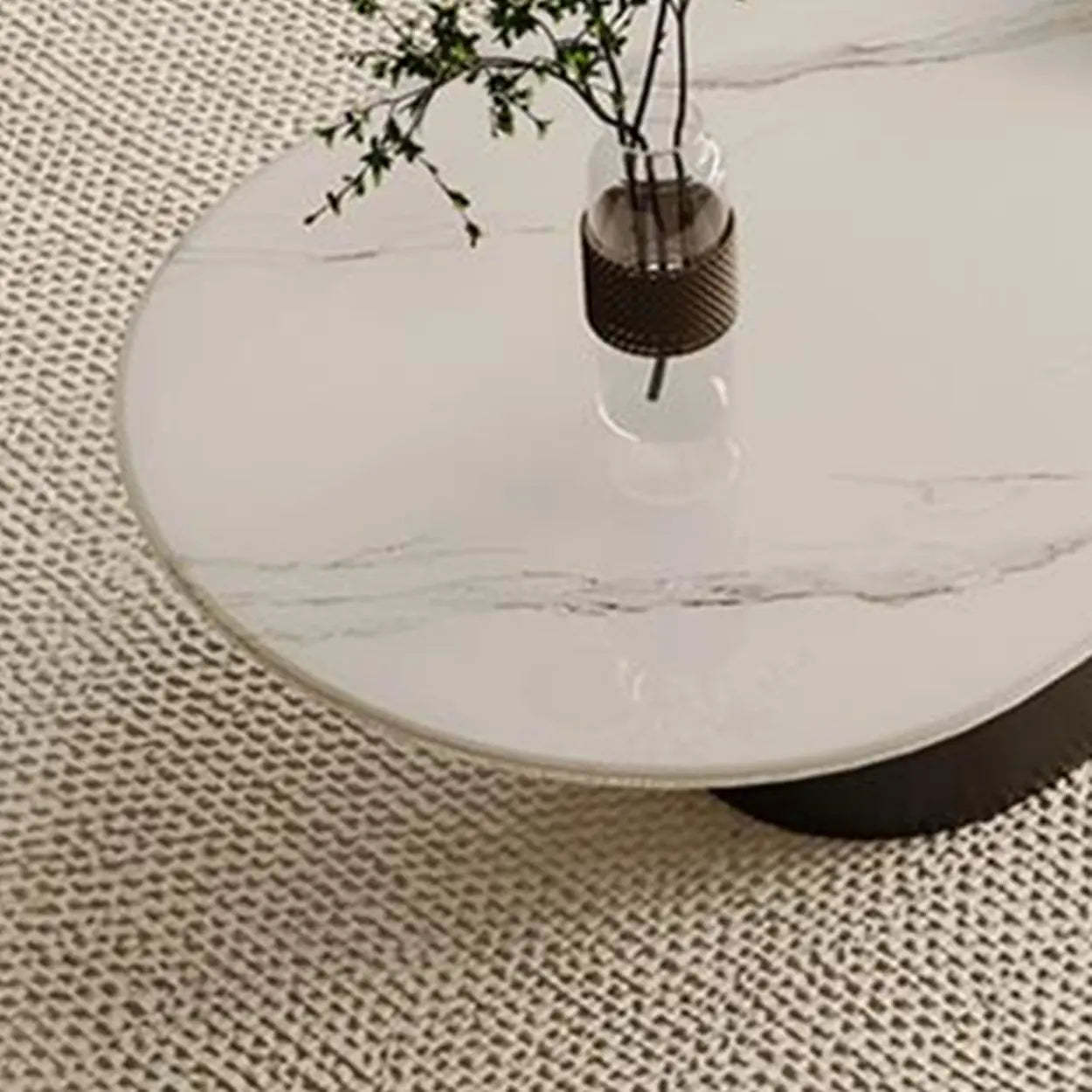 Oval White Stone Black Steel-Base Coffee Table