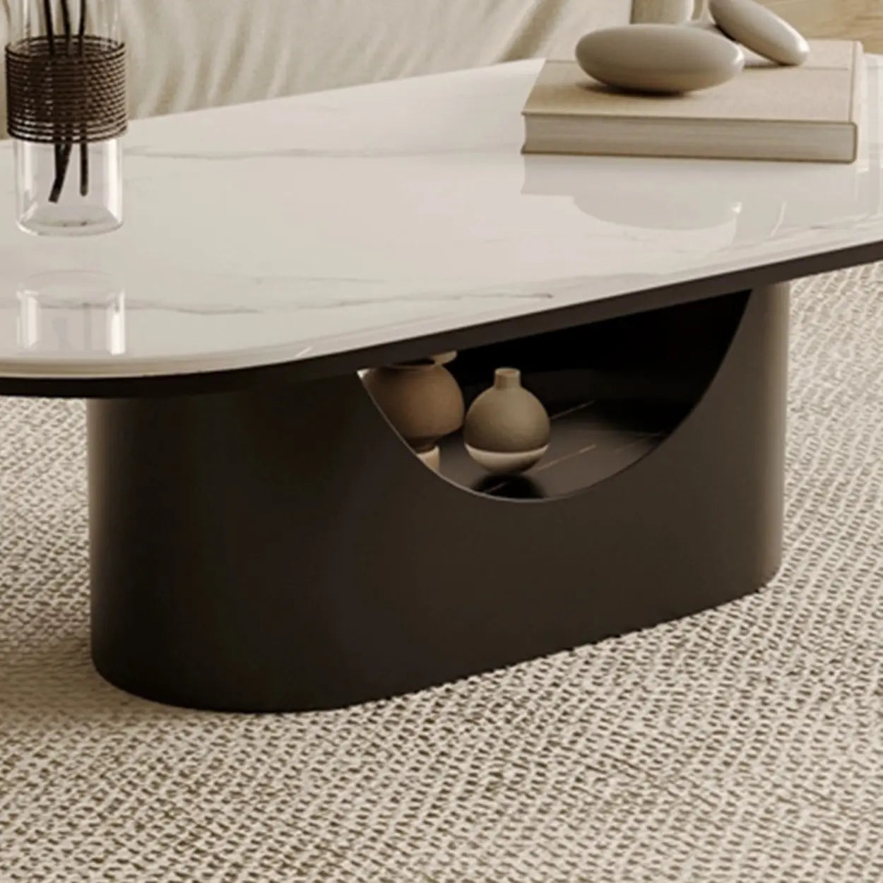 Oval White Stone Black Steel-Base Coffee Table