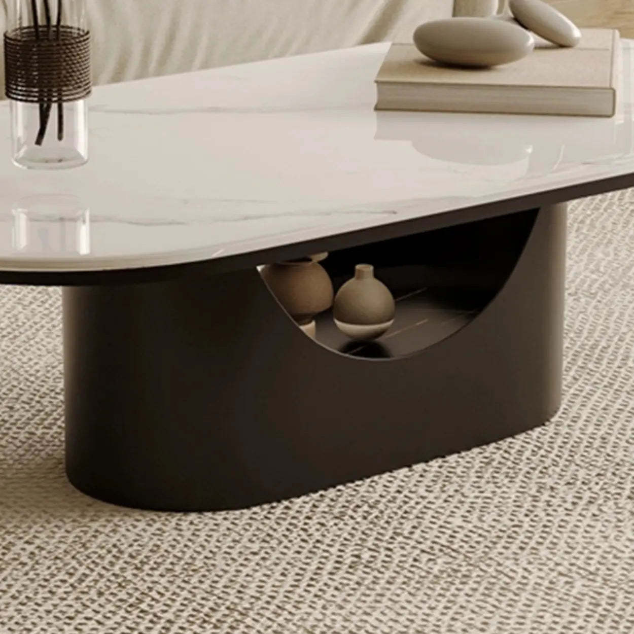 Oval White Stone Black Steel-Base Coffee Table