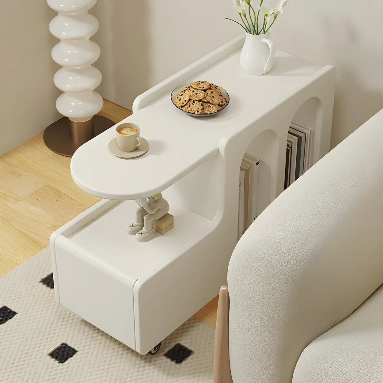 Oval White Wood Mobile End Table with Drawers