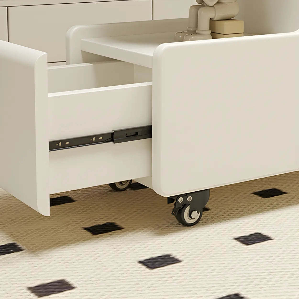 Oval White Wood Mobile End Table with Drawers