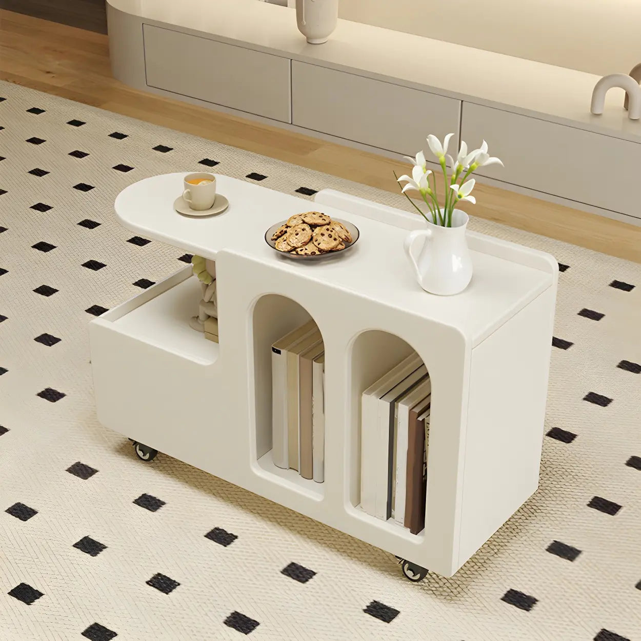 Oval White Wood Mobile End Table with Drawers