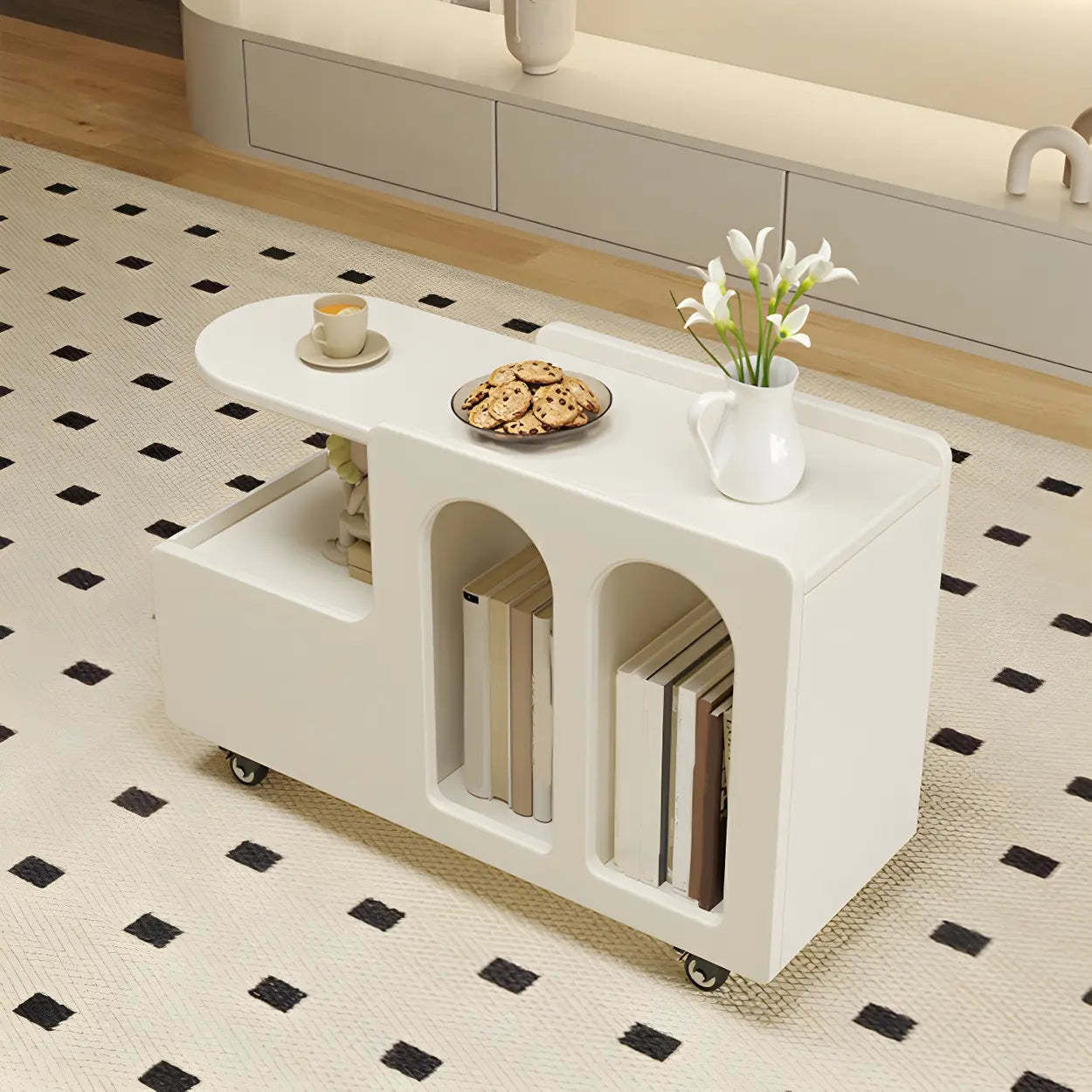 Oval White Wood Mobile End Table with Drawers