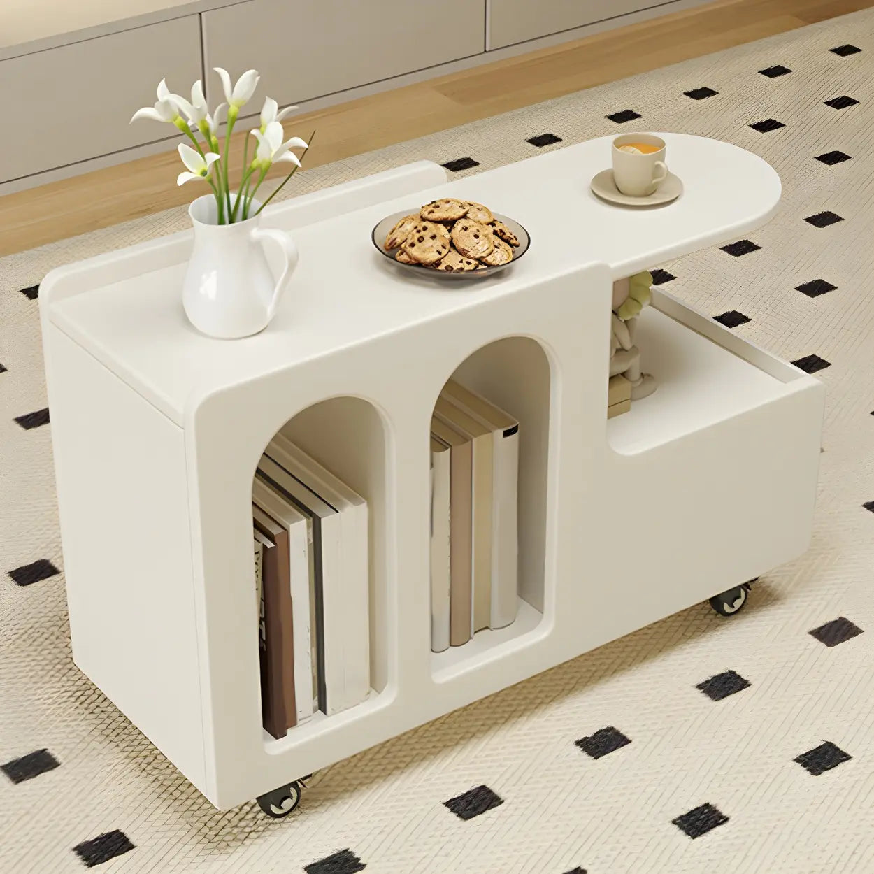 Oval White Wood Mobile End Table with Drawers — 2