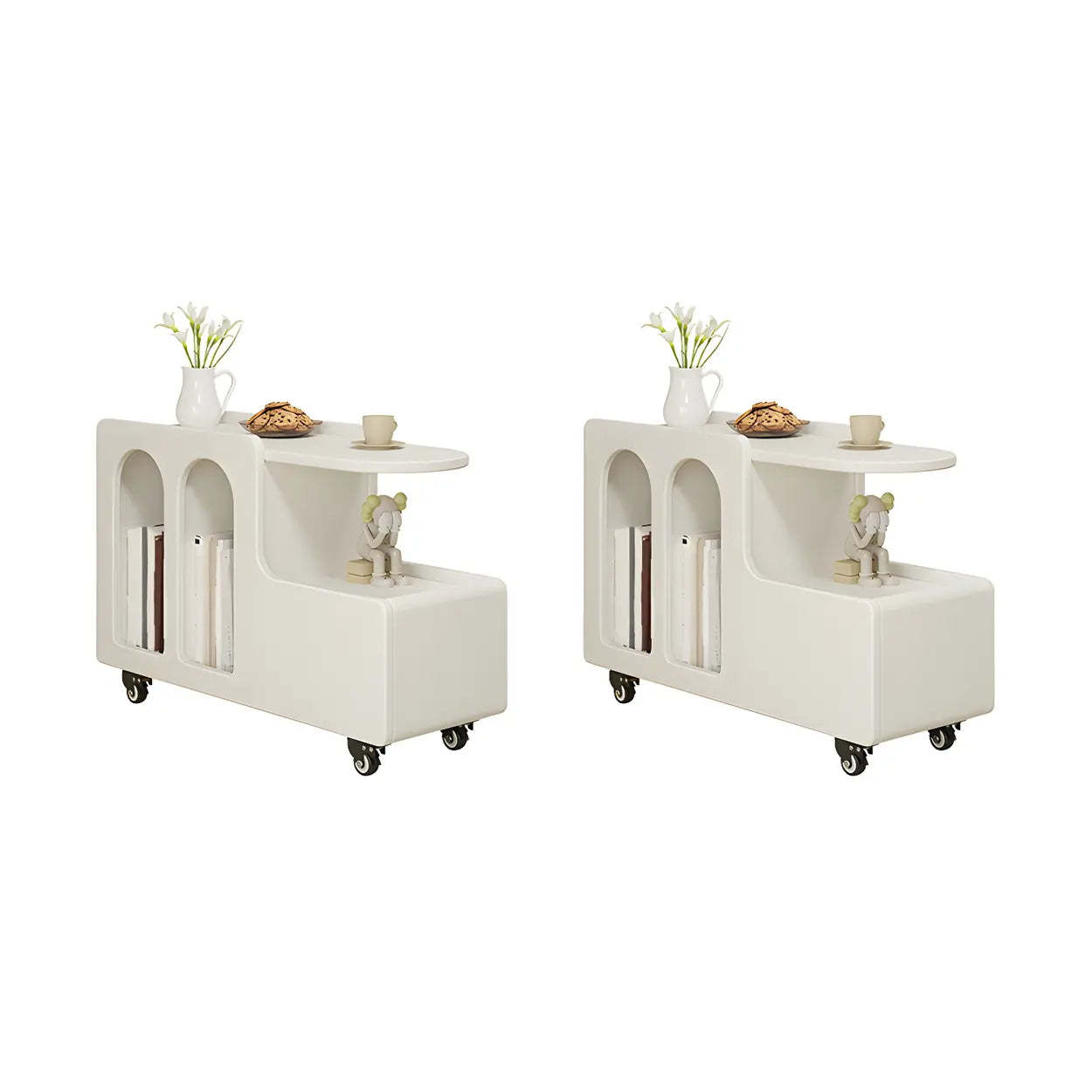 Oval White Wood Mobile End Table with Drawers — 1