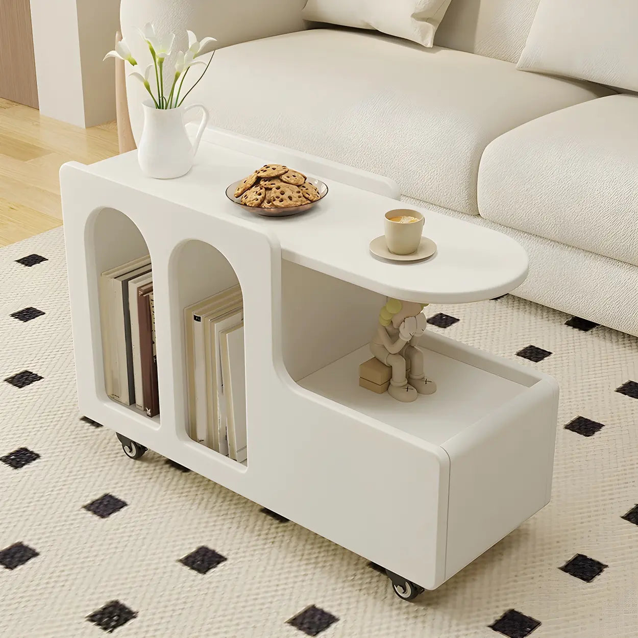 Oval White Wood Mobile End Table with Drawers — 2