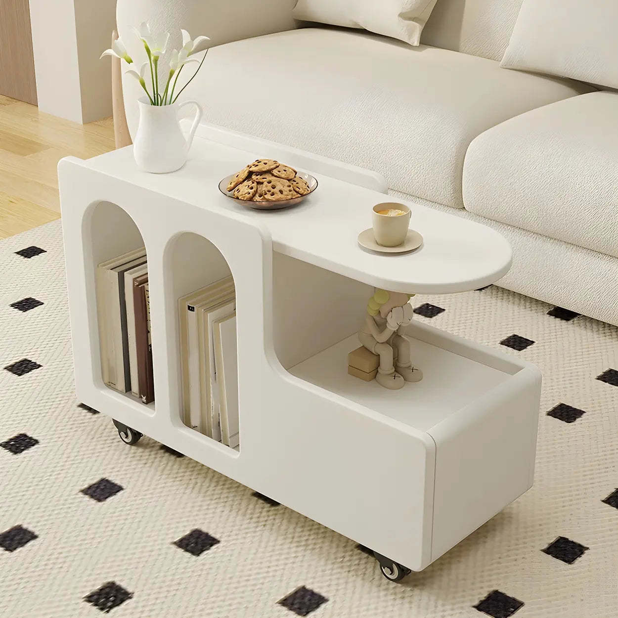 Oval White Wood Mobile End Table with Drawers — 2