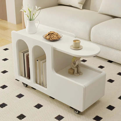 Oval White Wood Mobile End Table with Drawers — 2