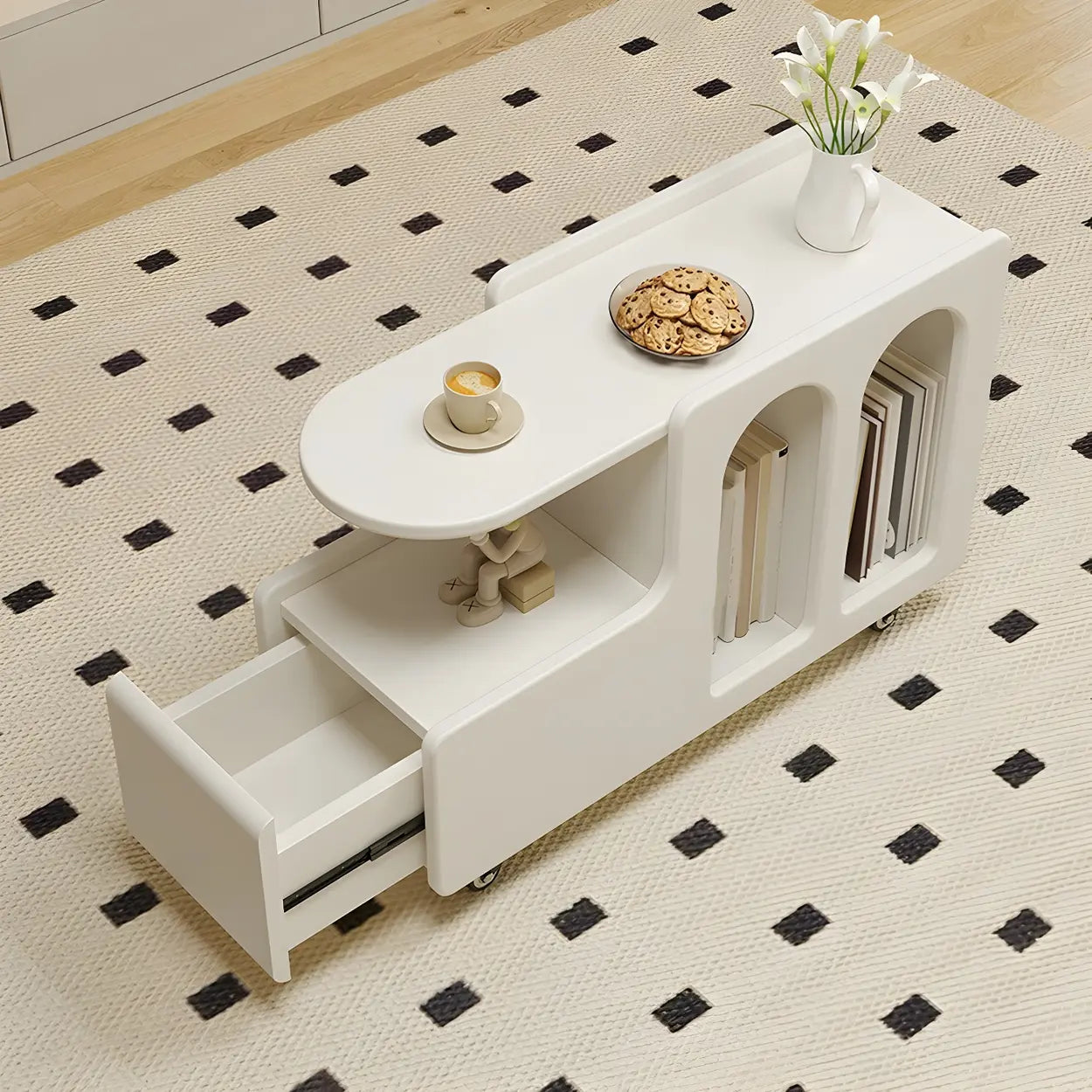 Oval White Wood Mobile End Table with Drawers