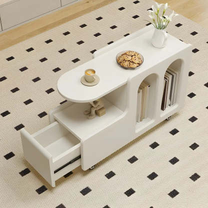 Oval White Wood Mobile End Table with Drawers