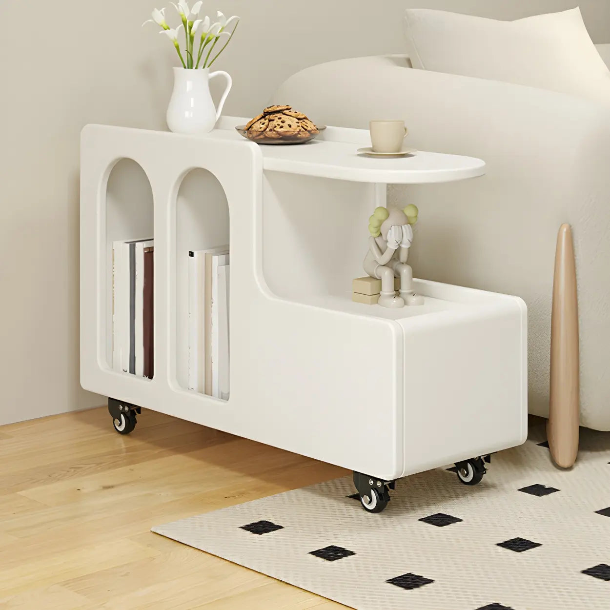 Oval White Wood Mobile End Table with Drawers