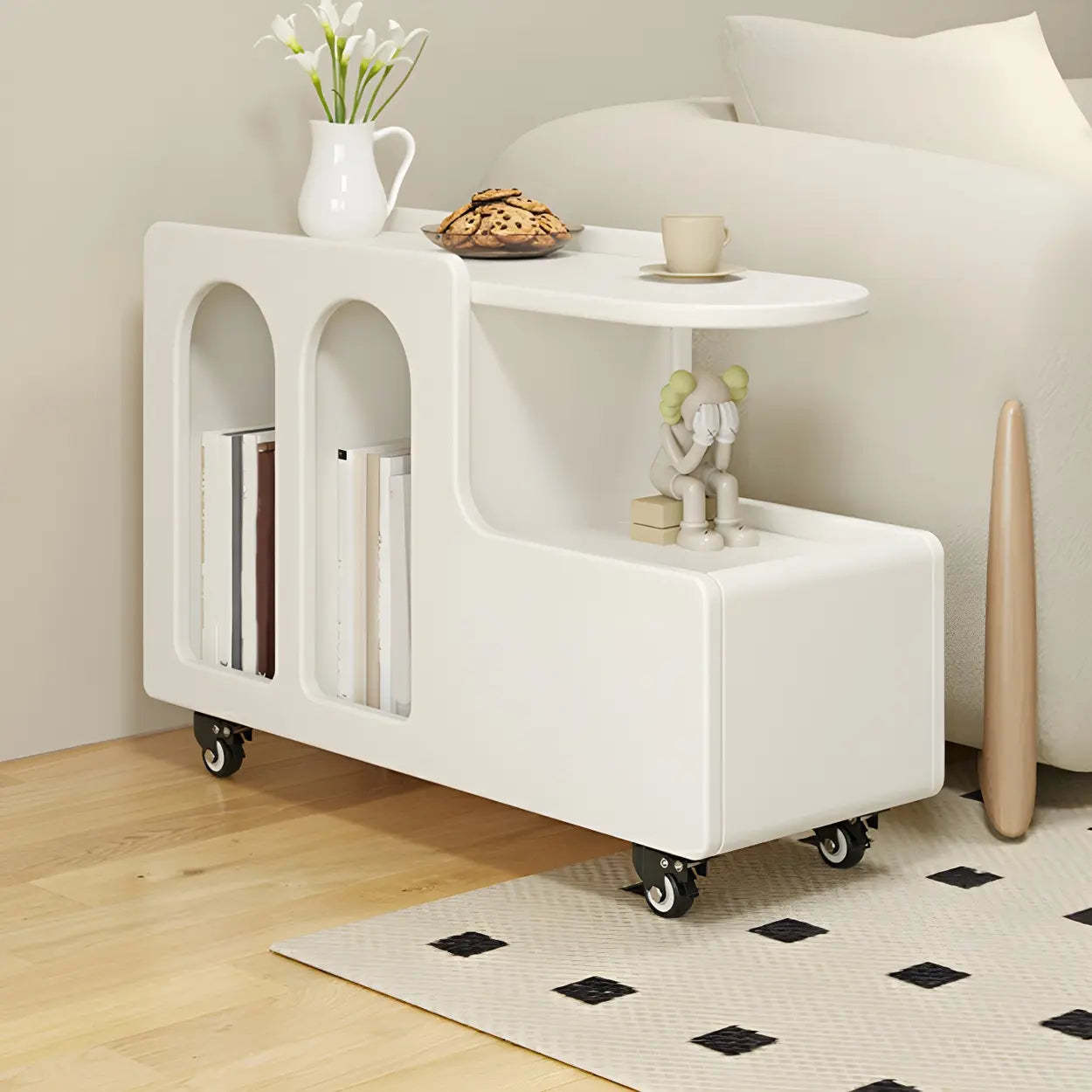 Oval White Wood Mobile End Table with Drawers