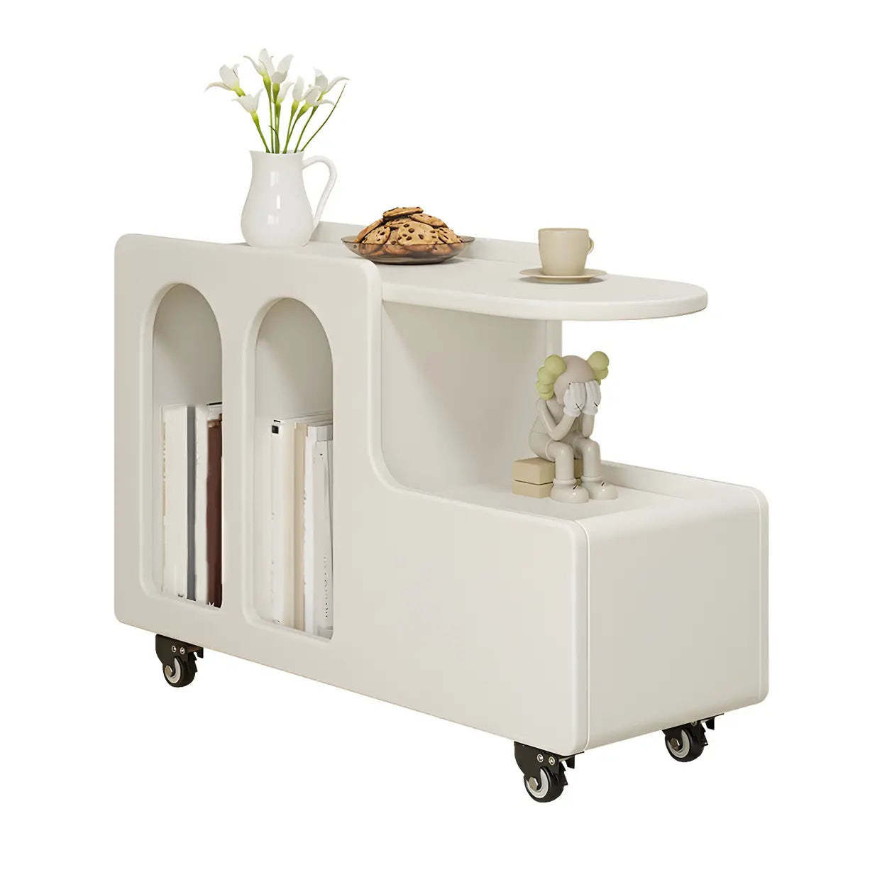 Oval White Wood Mobile End Table with Drawers