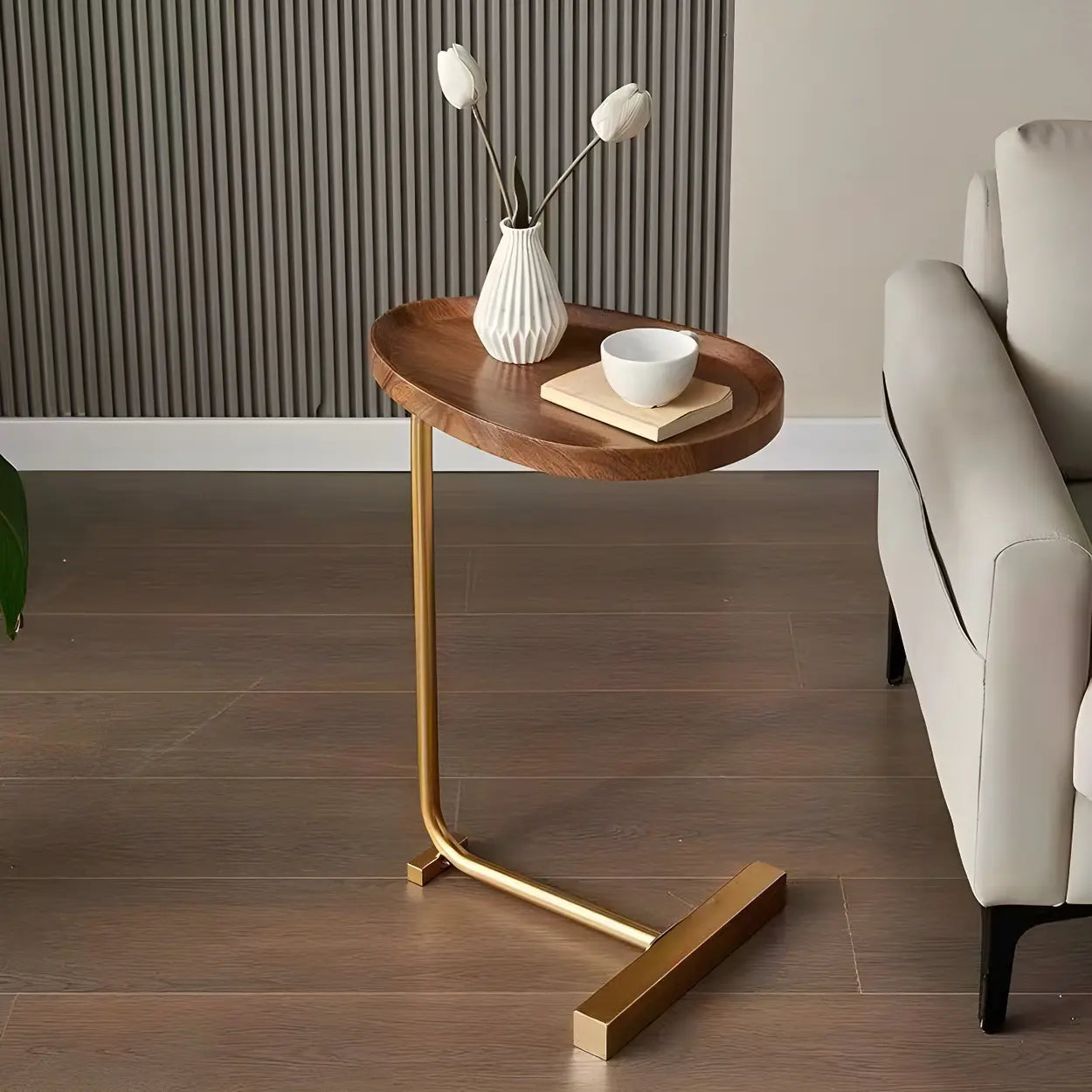 Natural Oval Wood Metal C-Shaped End Table — Concave / Black / Black