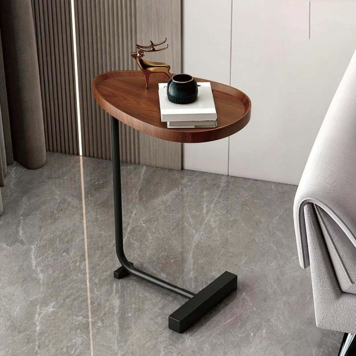 Natural Oval Wood Metal C-Shaped End Table — Flat / Gold / Walnut