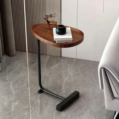 Natural Oval Wood Metal C-Shaped End Table — Flat / Gold / Walnut