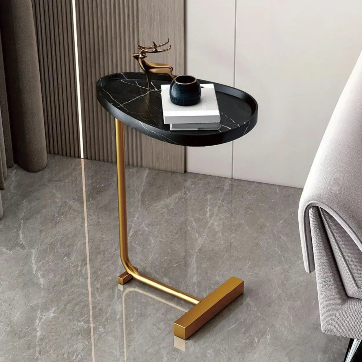 Natural Oval Wood Metal C-Shaped End Table