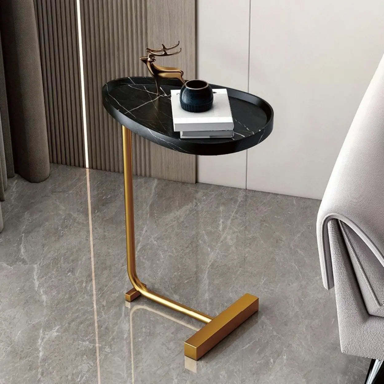 Natural Oval Wood Metal C-Shaped End Table