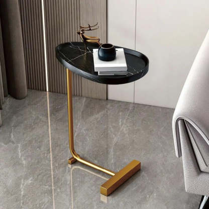 Natural Oval Wood Metal C-Shaped End Table