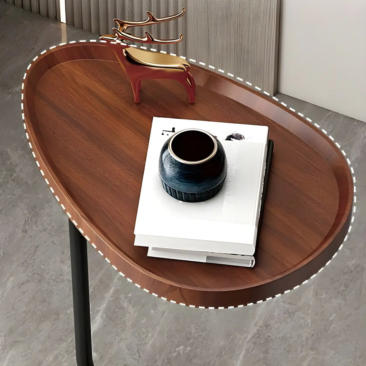 Natural Oval Wood Metal C-Shaped End Table