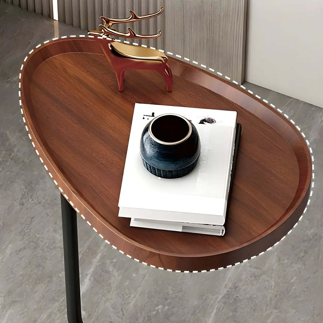 Natural Oval Wood Metal C-Shaped End Table