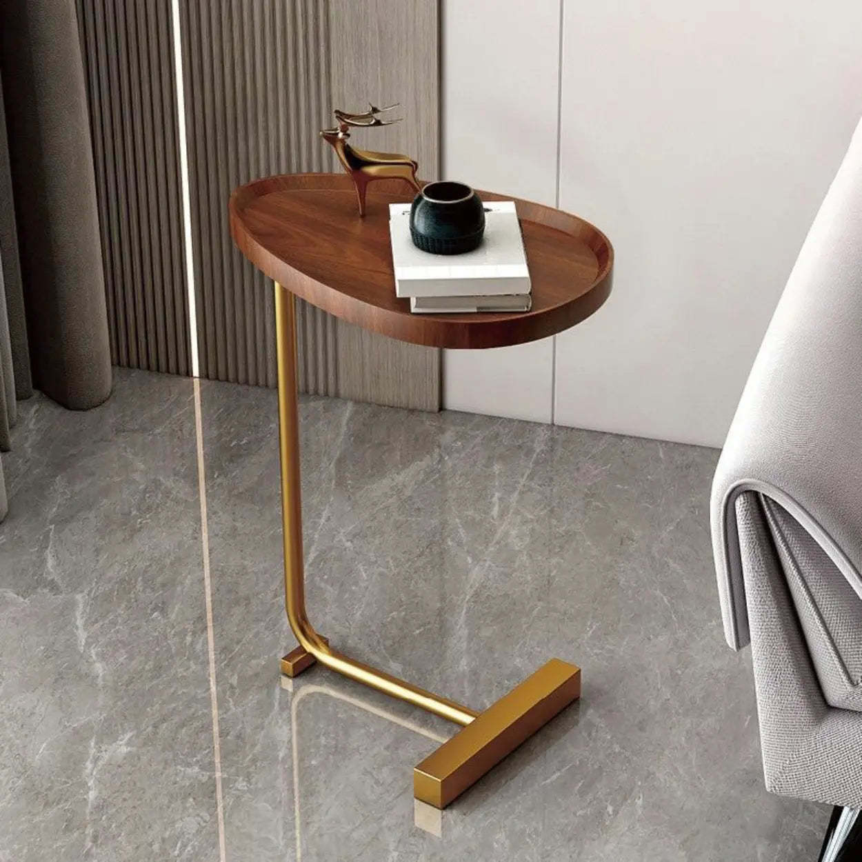 Natural Oval Wood Metal C-Shaped End Table
